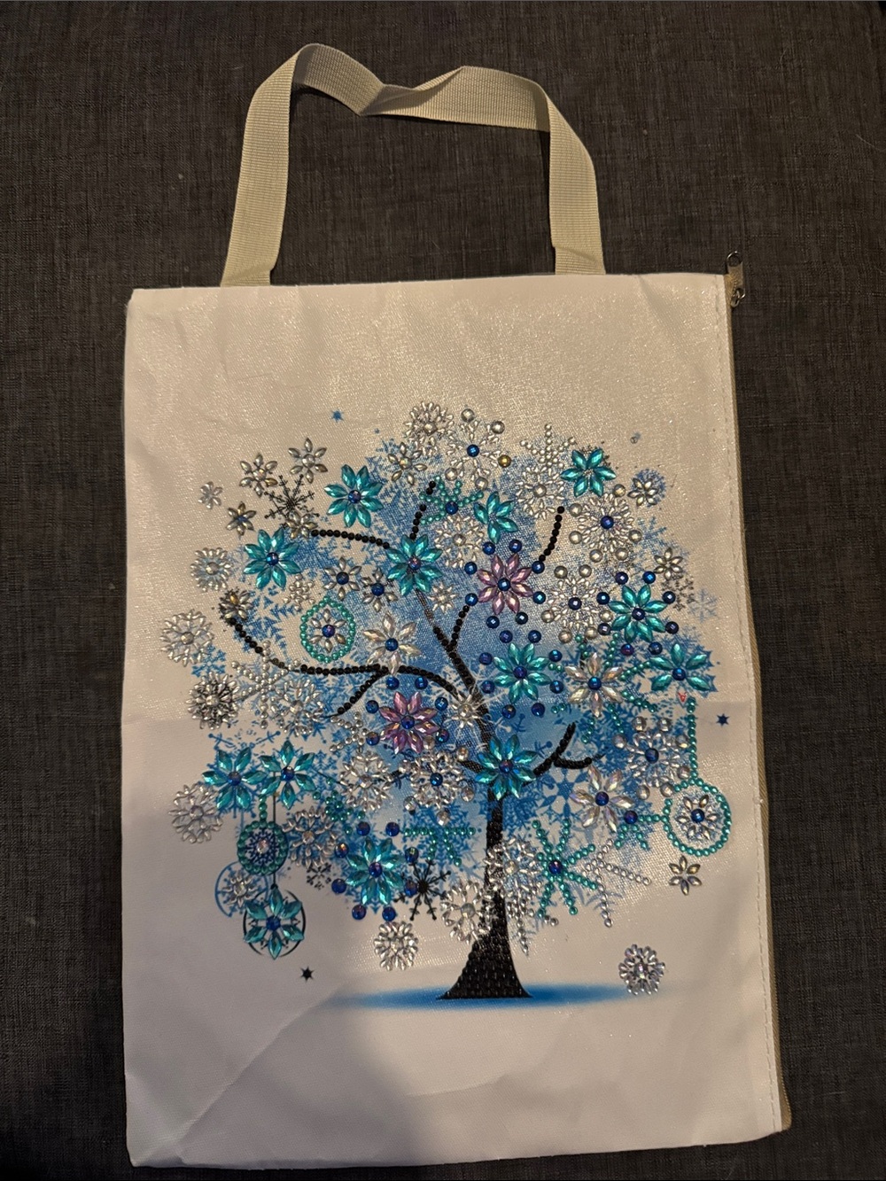 White Tote Bag with Blue Floral Tree Design